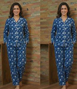 <b>Women</b> Indigo Woven Cotton Winter Night Suit Hand Block Printed Soft <b>Thermal</b> Pajama Set OEM Private Label Manufacturer - Product Image 6