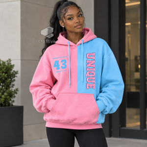 Sudadera con Capucha para Mujer Gamma Phi Delta, Color Rosa y Azul, con Letras Griegas Bordadas, Cordón Ajustable y Bolsillo Tipo Canguro - Product Image 5