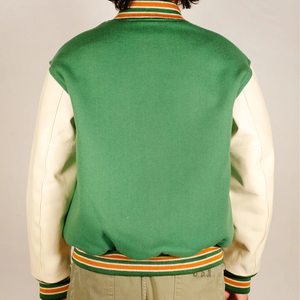 Blouson universitaire vert pour homme avec manches crème, fermeture éclair sur le devant, col rabattable, style Letterman, veste bomber de baseball, vêtement d'extérieur décontracté - Product Image 5