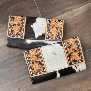 Cartera de cuero artesanal vintage de alta calidad, diseño Floral, cuero de vaca con pelo, tarjeta de crédito, uso diario, bolso de mano para mujer - Product Image 4