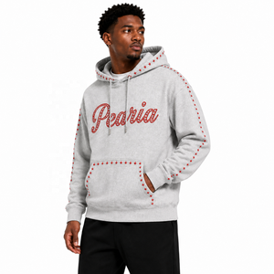 Sweat-shirt à capuche gris pour homme avec broderie étoile en strass, en molleton, coupe droite, style streetwear, hiver, 330g - Product Image 2