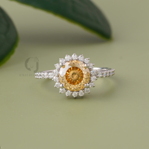 Bague de fiançailles en moissanite champagne ronde 2 carats, taille portugaise, halo, or blanc 14 carats, bague de promesse de mariage tournesol pour femme - Product Image 1
