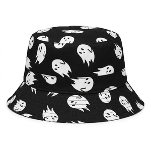 Chapeau bob noir avec imprimé fantôme blanc, sangle réglable, unisexe, décontracté, printemps-été, pour adulte - Product Image 4