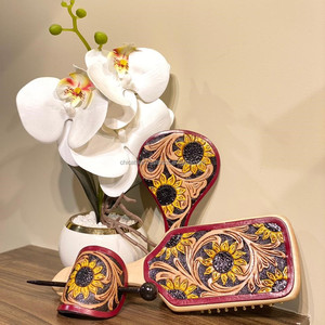 Exclusive Vintage Designer Tooled Leather Travel Vanity Sets of Bamboo Paddle Hairbrush Leather Hand Mirror & <b>Hair</b> <b>Barrettes</b> - Product Image 2