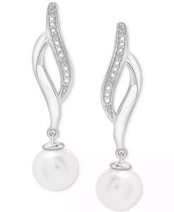 Orecchini a goccia riccioluti con perla d'acqua dolce coltivata (4mm) e accento di diamanti in argento Sterling | Macacy's - Product Image 3