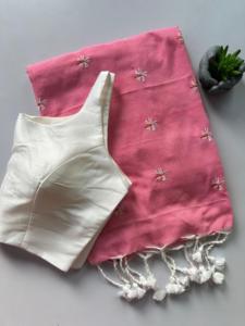 Premium Khadi Cotton Embroidered <b>Saree</b> With Plain Bollywood <b>Blouse</b> Traditional Ethnic Wear Women Collection - Product Image 4