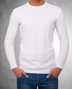 T-shirt à manches longues pour homme, blanc et couleur personnalisée, col rond, coupe classique, mélange coton et élasthanne, tricot uni décontracté - Product Image 1