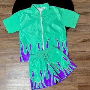 <b>Men</b> Flame Print Tracksuit Set Short Sleeve Zip-Up <b>Jacket</b> With Matching Shorts Satin Fabric Street Style <b>Summer</b> Wear - Product Image 3