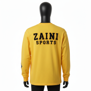 Camiseta de manga larga para hombre, de algodón jersey grueso GSM, color amarillo mostaza, con aplique bordado y logotipo, estilo streetwear. - Product Image 2