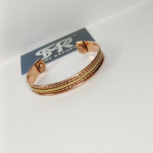Premium Metal Craft Magnetic Copper Cuff <b>Bangle</b> Two Tone Braided Inlay Design Adjustable Open Bracelet Handmade - Product Image 3