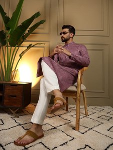 <b>Men's</b> Purple Silk <b>Kurta</b> With Glitter Print Regular Fit Ankle Length Traditional Indian Pakistani Wedding Wear - Product Image 6