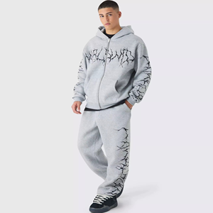 Conjunto Deportivo Oversize para Hombre, Sudadera con Cremallera y Pantalones Deportivos en Gris Jaspeado, con Logotipo Personalizado - Product Image 1
