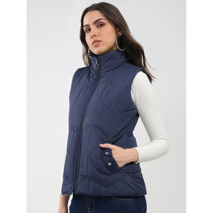 Gilet matelassé bleu marine pour femme, sans manches, fermeture éclair, col montant, vêtement d'extérieur décontracté, longueur normale, couleur unie - Product Image 5