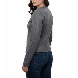 Veste sans col en cuir de mouton bleu turquoise faite à la main, taille XS pour femme, style minimaliste élégant, automne - Product Image 3