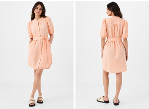 Vestido Midi Bohemio de Lino/Algodón Color Durazno de Moda para Mujer, Transpirable, Ecológico, de Manga Corta, con Cinturón, de Alta Calidad - Product Image 3
