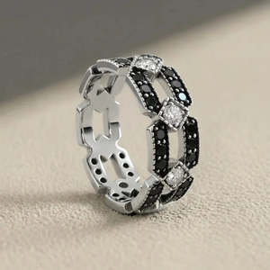 Bague de cocktail géométrique double rangée en diamant noir naturel de luxe pour mariage, anniversaire, fiançailles, en argent sterling 925 - Product Image 1