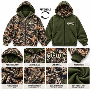 Sudadera con Capucha de Doble Uso con Camuflaje Forestal, Verde Oscuro con Panel en Contraste, Bordado Personalizado en el Pecho, Proveedor Mayorista B2B en EE. UU. - Product Image 4