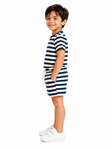 Conjunto de Ropa de Verano para Niños Pequeños, Azul Marino con Rayas Blancas, de Algodón, Dos Piezas, Manga Corta, Estilo Casual - Product Image 2