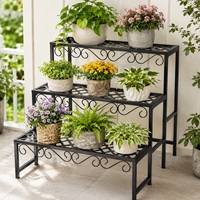 Support à plantes en métal noir à 3 niveaux, support décoratif en treillis pour pot de fleurs, étagère de présentation pour jardin intérieur et extérieur
