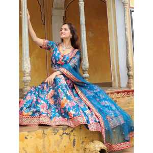 Excepcional azul floral impreso arte seda boda Lehenga Choli - Product Image 5