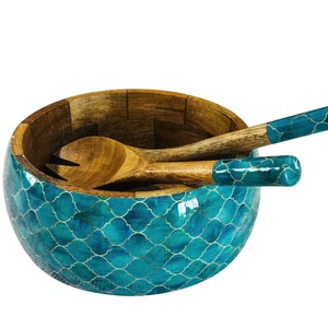 Ensemble de saladiers en bois de manguier faits à la main avec des ustensiles assortis, design émaillé, bol de service en bois pour la maison et l'hôtellerie - Product Image 1