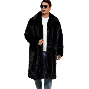 Manteau long en fausse fourrure noire pour homme, longueur genou, duveteux, pour l'hiver, col rabattu, veste chaude - Product Image 1