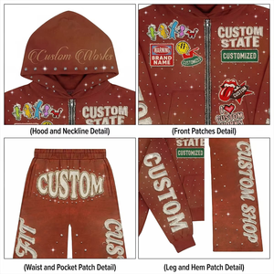 Custom Embroidery <b>Zip</b> <b>up</b> Rhinestone Graphic <b>crop</b> Hoodie Sweatpants Flared Acid Wash tracksuit Mens Hoodies Sweatshirt Sets - Product Image 6