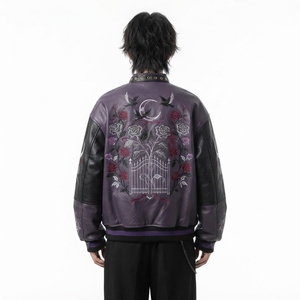 Men's <b>Gothic</b> Cowhide Leather Streetwear Bomber <b>Jacket</b> Hand Embroidery Geometric Pattern Zipper Closure Stand Collar Winter Style - Product Image 2