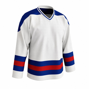 Maillot de hockey sur glace blanc imprimé pour homme avec logo personnalisé, rayures bleues et rouges, col en V, manches longues, polyester, évacuation de l'humidité - Product Image 6
