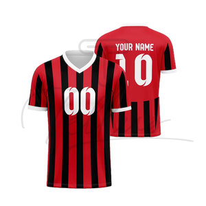 Camiseta de Fútbol Personalizada a Rayas Rojas y Negras, Cuello en V, Manga Corta, Transpirable, de Poliéster, Unisex, para Adultos, con Estampado Sublimado - Product Image 2