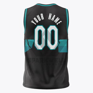 Maillot de basketball personnalisé avec nom d'équipe 00, imprimé par transfert thermique, col en V, maille courte, unisexe adulte, noir et turquoise, respirant, antibactérien - Product Image 5