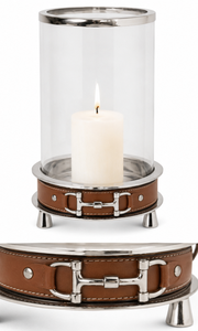 Equestrian Inspired Metal Glass <b>Hurricane</b> Candle Holder with Horse Bit Strap Detail Decorative Tabletop Home Décor <b>Lantern</b> - Product Image 6