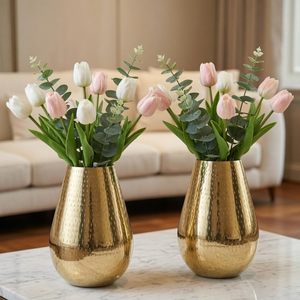 Drop Shape Metal Hammered Flower Vase <b>Gold</b> Set of 2 Decorative Tabletop Vase for Home Living Room Bedroom Office and Event Decor - Product Image 1