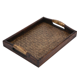 Juego de 2 bandejas rectangulares de madera marrón hechas a mano con incrustaciones blancas y de latón para cocina y bandejas de mesa estilo marroquí - Product Image 5