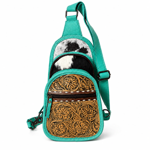 Handcrafted Hair On Cowhide Leather Western Sling <b>Backpack</b> Floral <b>Tooled</b> Leather Adjustable Shoulder Travel Bag for Women daily - Product Image 1