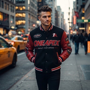 Blouson de course noir et rouge pour homme, style Letterman, brodé, streetwear, vente en gros - Product Image 5