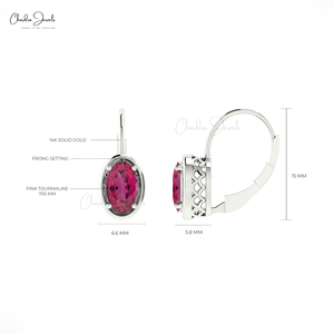 Productos de Moda: Pendientes de Botón con Turmalina Rosa de 7x5mm y Cierre de Palanca, en Oro Blanco Fino de 14k, para Boda, Distribuidor Mayorista - Product Image 2