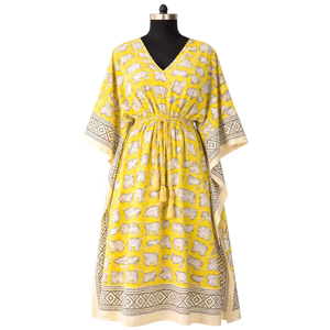 Robe en coton à imprimé éléphant jaune, col en V, longueur cheville, avec ceinture ajustable, tenue décontractée d'été pour femme, robe professionnelle faite à la main - Product Image 1