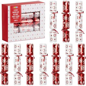 Lot de 10 cadeaux de table pour fête de Noël, design sans clip, avec flocon de neige rouge et blanc, comprenant un chapeau de fête et un petit cadeau farfelu à l'intérieur - Product Image 1