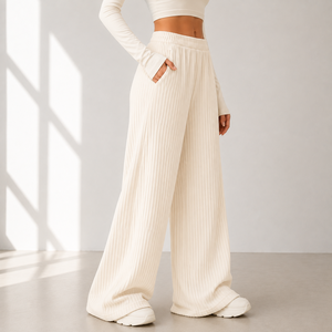 Women Cream Knitted Wide Leg <b>Pants</b> High Waist Loose Fit Full Length Casual Solid Color Elastic Waist Pockets Autumn Style - Product Image 4