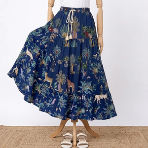 Designer Blue Jungle Print Cotton Maxi <b>Skirt</b> Women High Waist Frill Layer Boho Long <b>Skirt</b> Casual Summer Wear - Product Image 1
