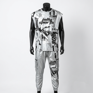 Ensemble t-shirt et jogging en coton mélangé pour homme, deux pièces, logo personnalisé par transfert thermique, couleur unie, t-shirt et pantalon pour homme - Product Image 3