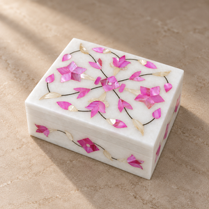 Stonecrafts International Modern Rectangle Marble Jewelry Box with Engraved Pink Floral Inlay Pattern Lids <b>Storage</b> - Product Image 3