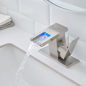 Rubinetto Monocomando per Lavabo Bagno con Luce LED, Cascata a 3 Colori Variabili, Bocca in Vetro, Miscelatore Acqua Calda e Fredda, Montaggio su Piano a Foro Singolo - Product Image 6