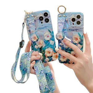 Diamond Oil Painting Flower Phone Holder Case with Crossbody Lanyard for iPhone and Samsung Glitter Cover