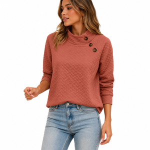 Wholesale <b>Quilted</b> Women Sweatshirts Asymmetrical Button Mock Neck Cotton Blend Casual Pullover Custom Logo Hoodies OEM ODM - Product Image 3