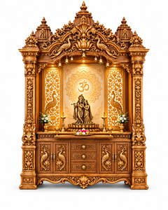 Radha Krishna Wooden Pooja <b>Mandir</b> with Om Backlit Grand Traditional Radha Krishna Wooden Pooja Temple Backlit Om USA - Product Image 5