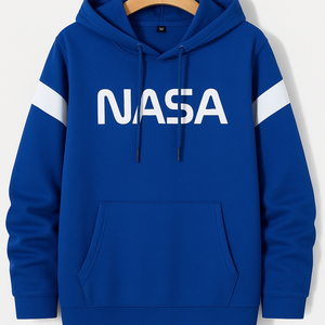 Sudadera con capucha estampada de la NASA para hombre, corte regular, informal, para otoño, con diseño de bolsillo, azul marino, rayas amarillas - Product Image 4