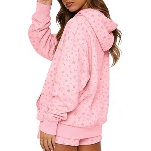 Conjunto de Sudadera con Capucha y Pantalones Cortos con Estampado Floral Rosa para Mujer, Estilo Casual Holgado de Dos Piezas para Usar en Todas las Estaciones - Product Image 3