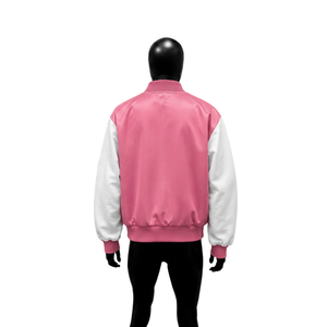 Veste de baseball en satin rose et blanc personnalisée pour hommes et femmes, qualité supérieure, deux tons, avec col montant côtelé - Product Image 2